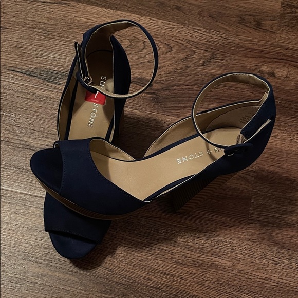Sun + Stone Navy Peep-Toe Heels - Picture 1 of 7